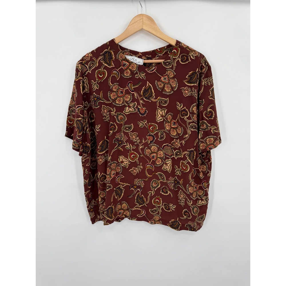 Silk Boutique Womens 1X Burgundy Silk Floral Paisley Short Sleeve Blouse Top
